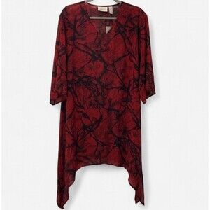 Chico's 0 Daring Brandy Tunic Top Sultry Red Black Sheer Sharkbite Hem NWT $99